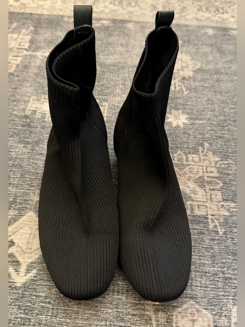 Jole Black Ribbed Knit Sock Ankle Boots Women’s Size 9 Block Heel Pull-On Bootie - Picture 2 of 6